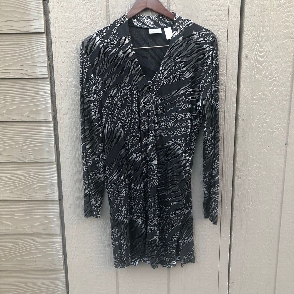 Chico's size 2 Button Front Cardigan Women Black Velvet Burnout Sheer zebra